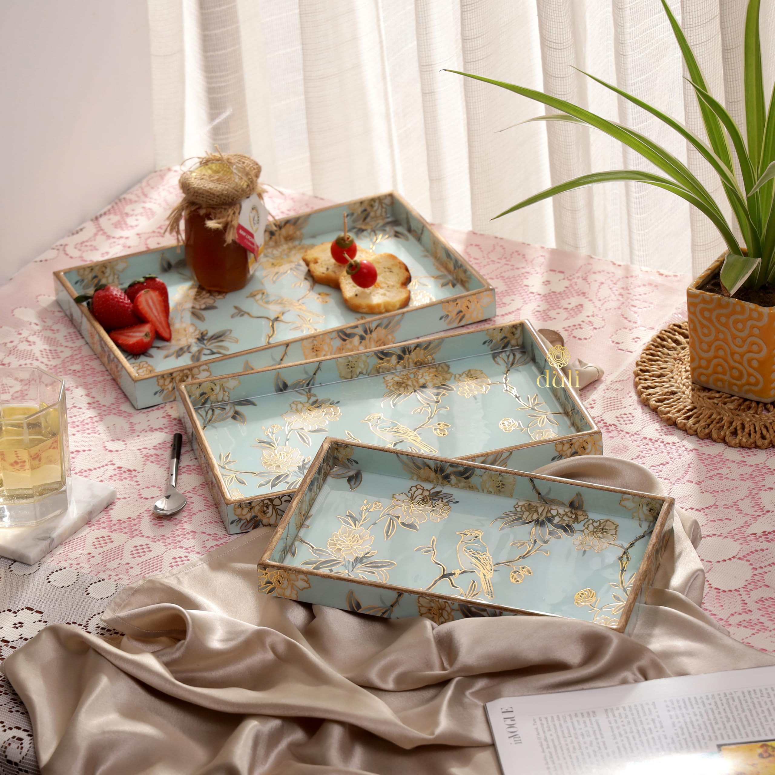 Duli Set Of 3 Mdf Wood Trays Enamel Coated| Rectangle Trays Set Of 3 | Serving Trays | Wooden Tray | Kitchen&Dining Decorative |